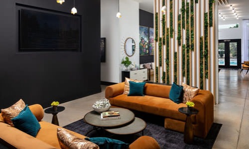 couches in front of tv in clubhouse